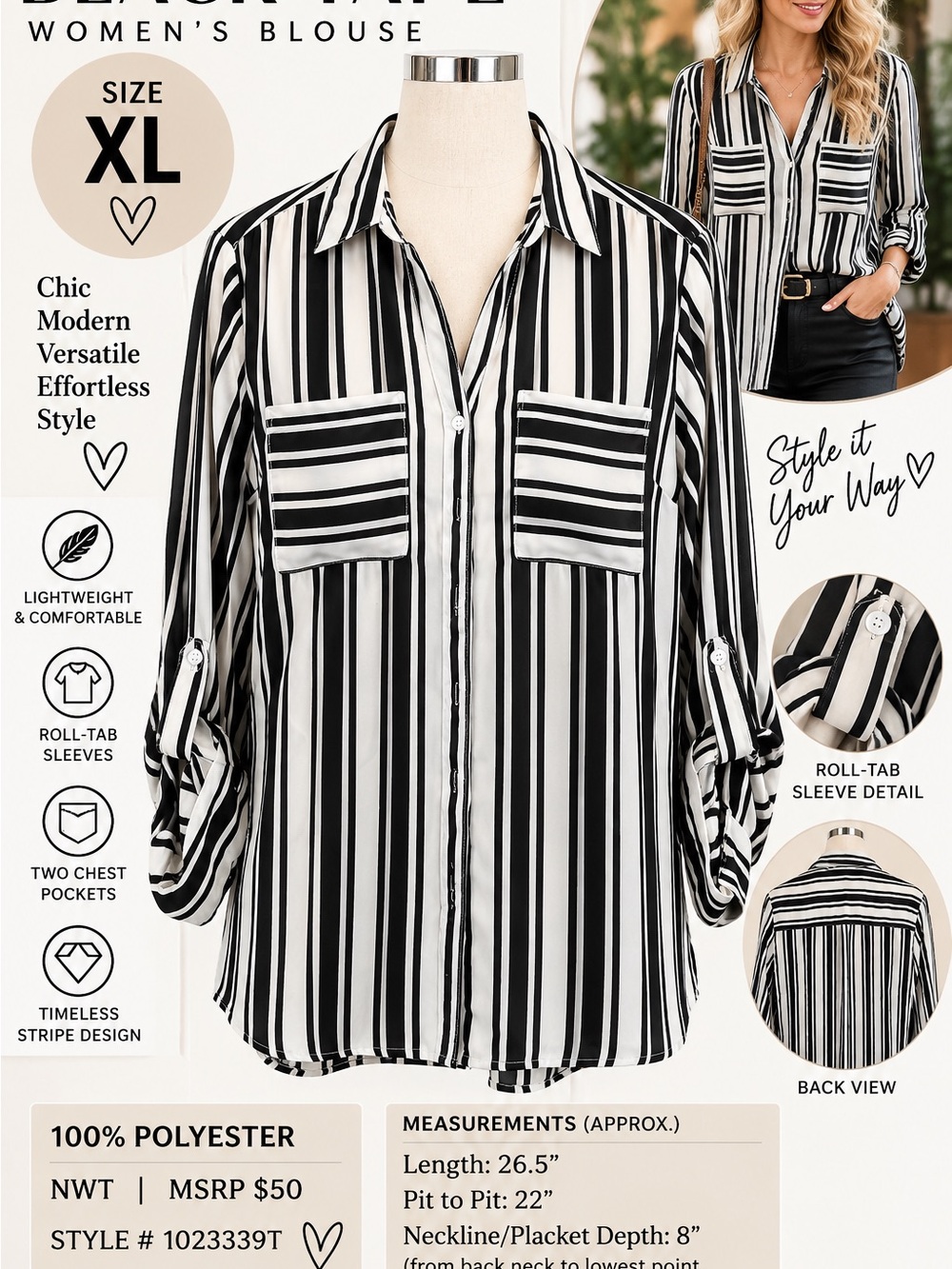 Black Tape Women’s XL NWT Black Ivory Stripe Roll Tab Button Blouse